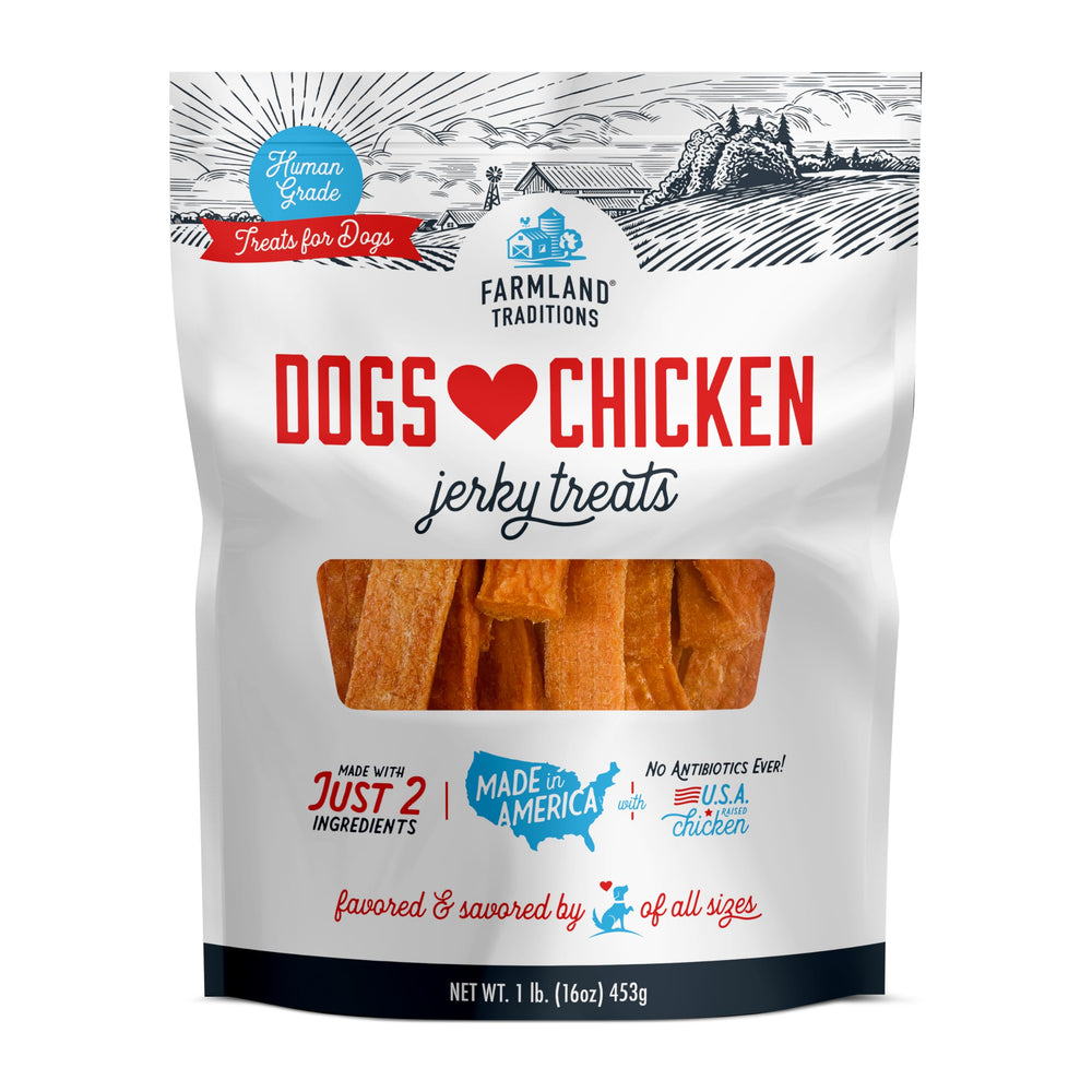 Farmland Traditions chicken jerky bag front view, ideal for daily dog rewards.