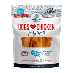 Farmland Traditions chicken jerky bag front view, ideal for daily dog rewards.