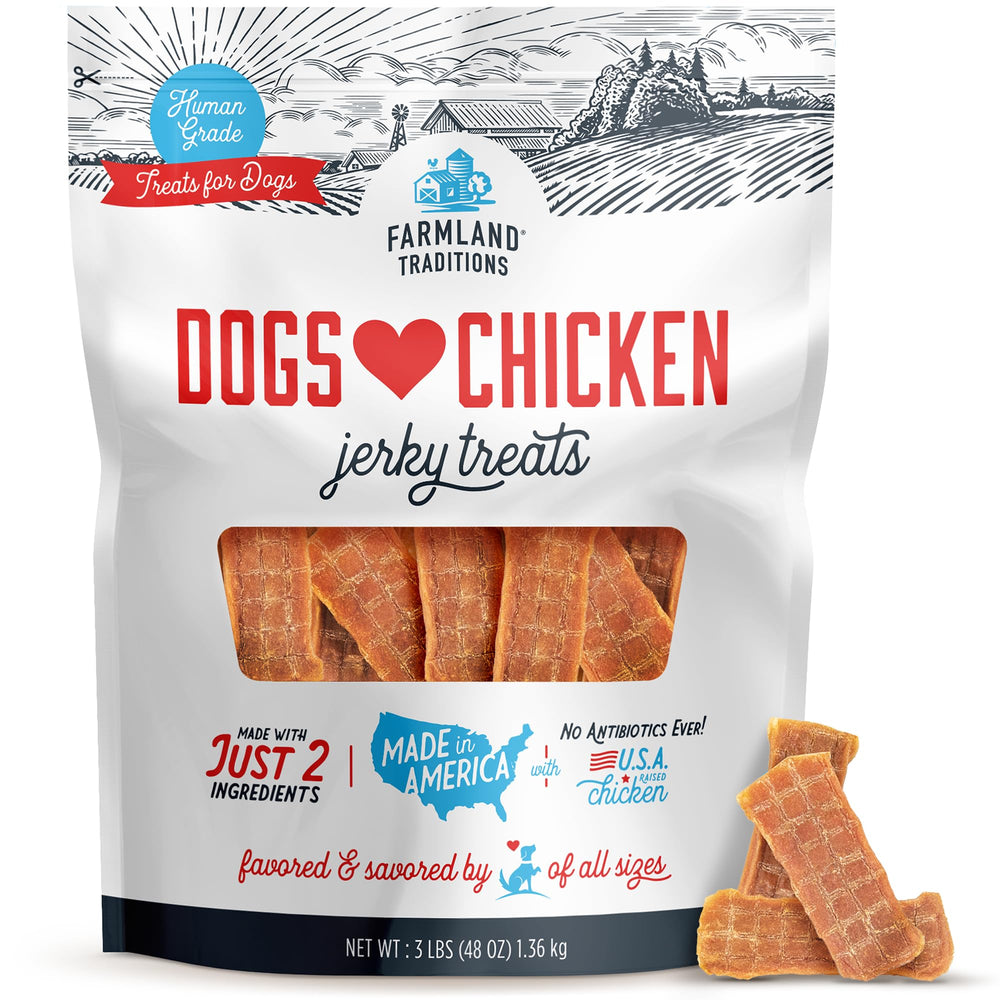 Farmland Traditions Dog Jerky pack shows USA-raised chicken for training rewards