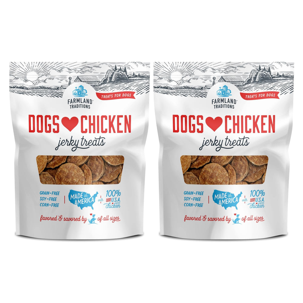 Farmland Traditions Dogs Love Chicken Jerky packaging highlights premium USA-sourced ingredients.