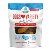 Farmland Traditions Dogs Love Jerky bag front showcases premium dog treats