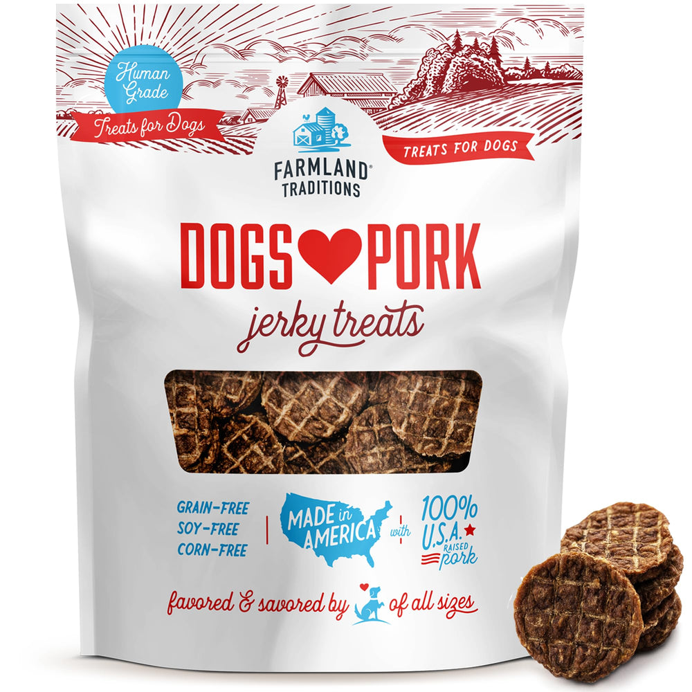 Farmland Traditions pork jerky pack shown for versatile dog rewards across all sizes