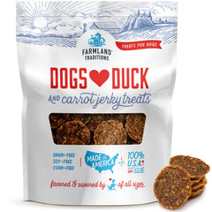 Farmland Traditions Duck & Carrot jerky bag highlighting premium ingredients and USA-made quality.