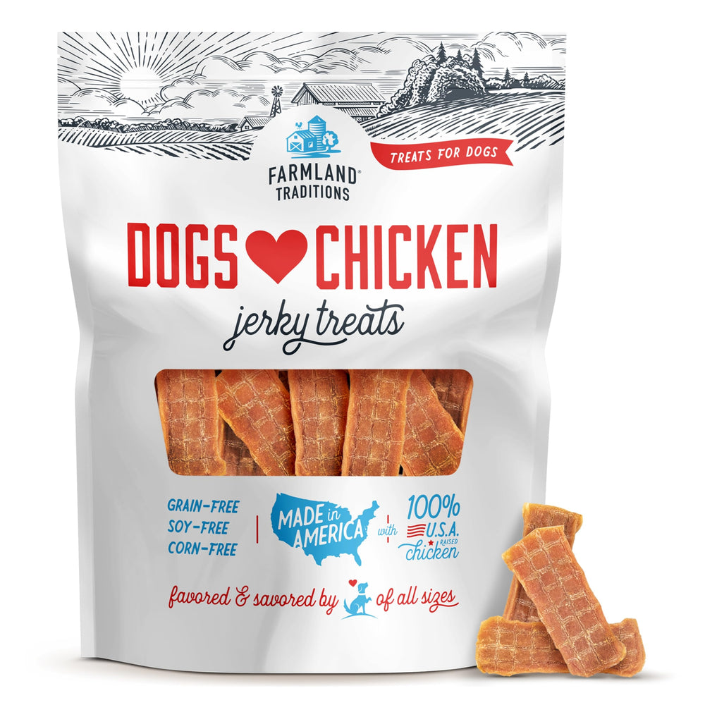 Farmland Traditions filler-free chicken jerky packaging, ideal for premium training rewards.