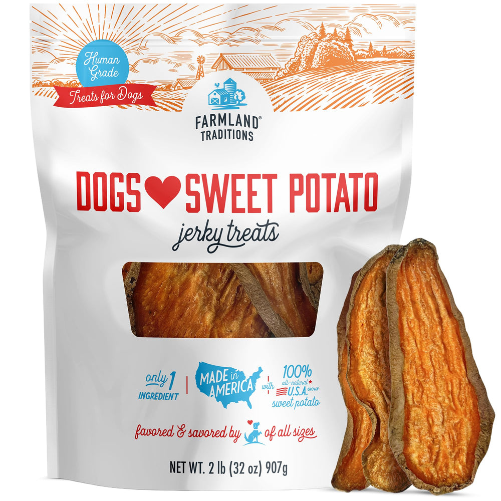 Farmland Traditions sweet potato dog treats 2lb bag, ideal for daily rewards.