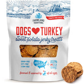 Farmland Traditions turkey and sweet potato jerky pack shot highlights premium protein treats for dogs.