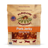 Farmland Traditions USA Made 2 lb pork jerky dog treats bag shown for long-lasting rewards