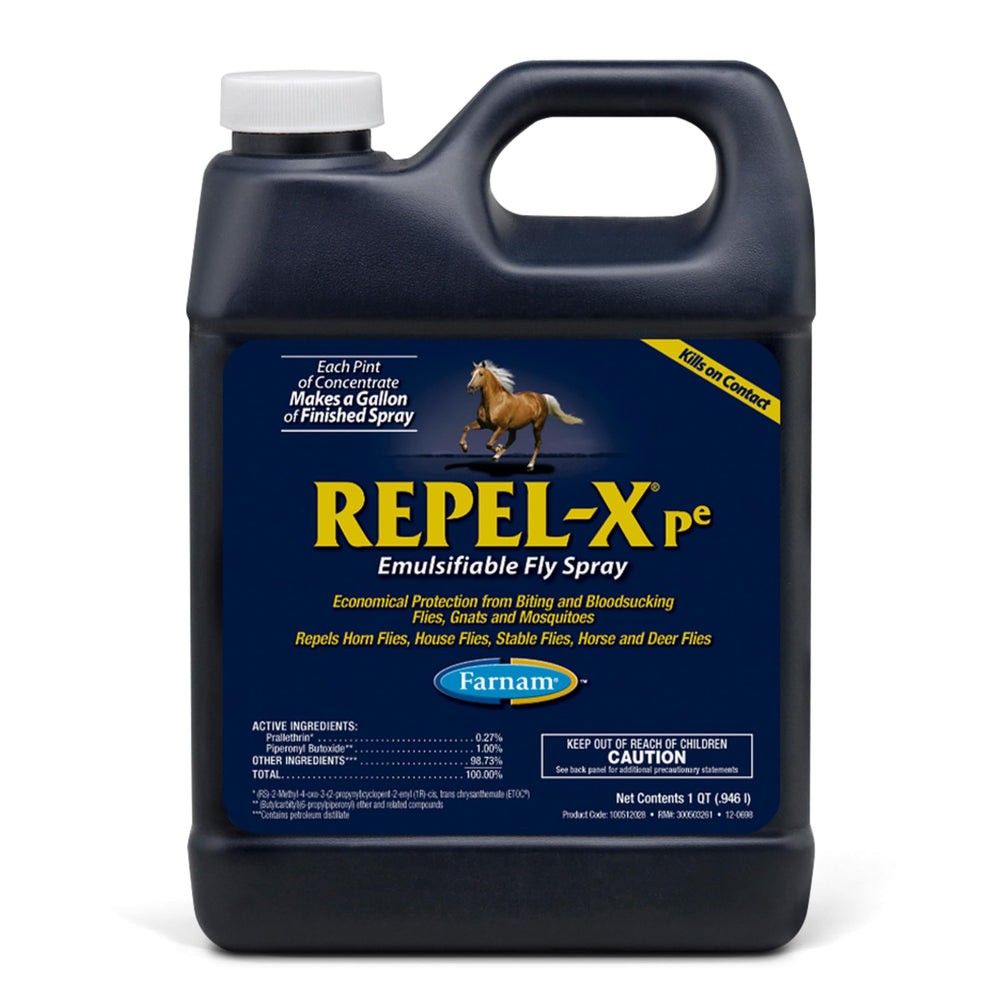 Farnam Repel-X pe Fly Spray bottle on horse to repel flies.