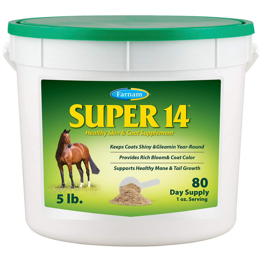 Farnam Super 14 bottle front with label, signaling skin and coat support.