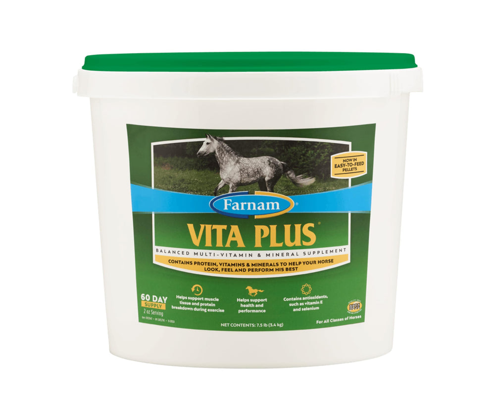 Farnam Vita Plus bottle with pellets supporting overall health in horses.