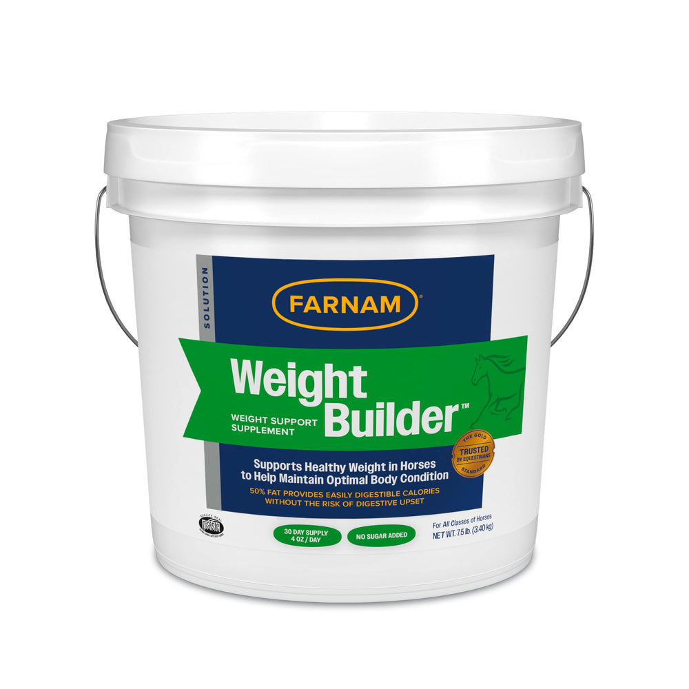 Farnam Weight Builder bottle pour showing easy dosing for calorie support