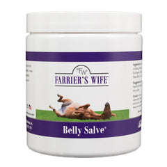 Farrier's Wife Belly Salve bottle close-up for soothing horse skin.