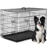 FDW 42-inch folding dog crate showing compact setup and storage capability.