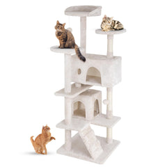 FDW 54-inch cat tree tower beige with multi-level perches for climbing and lounging.