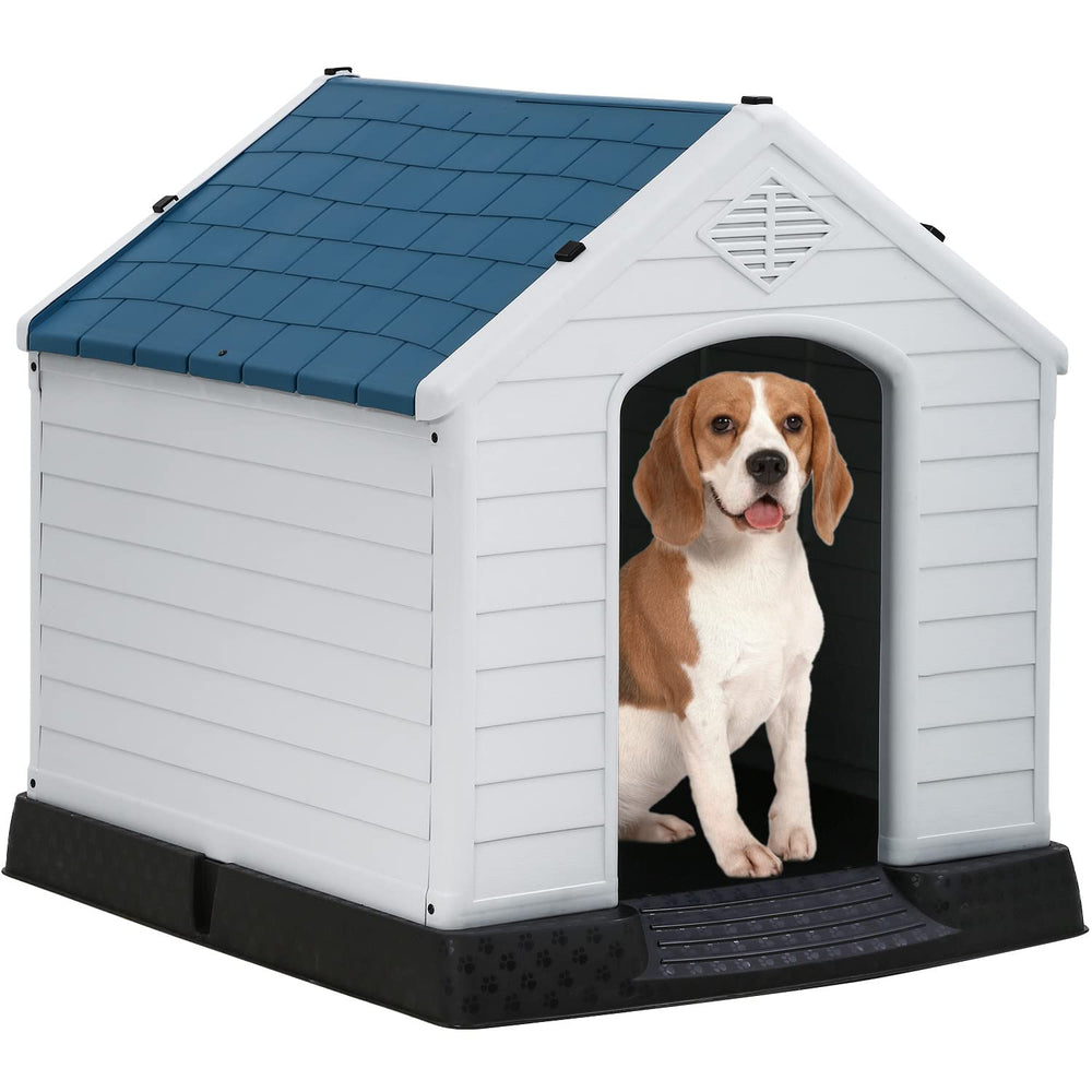 FDW Dog House exterior in blue shows weatherproof, durable design for outdoor spaces