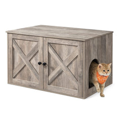 Feandrea Cat Litter Box Enclosure front view with barn doors concealing the area