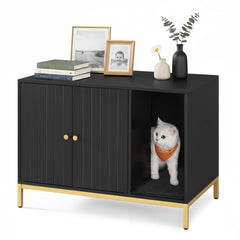 Feandrea Cat Litter Box Enclosure with front entry in black and gold for easy scooping