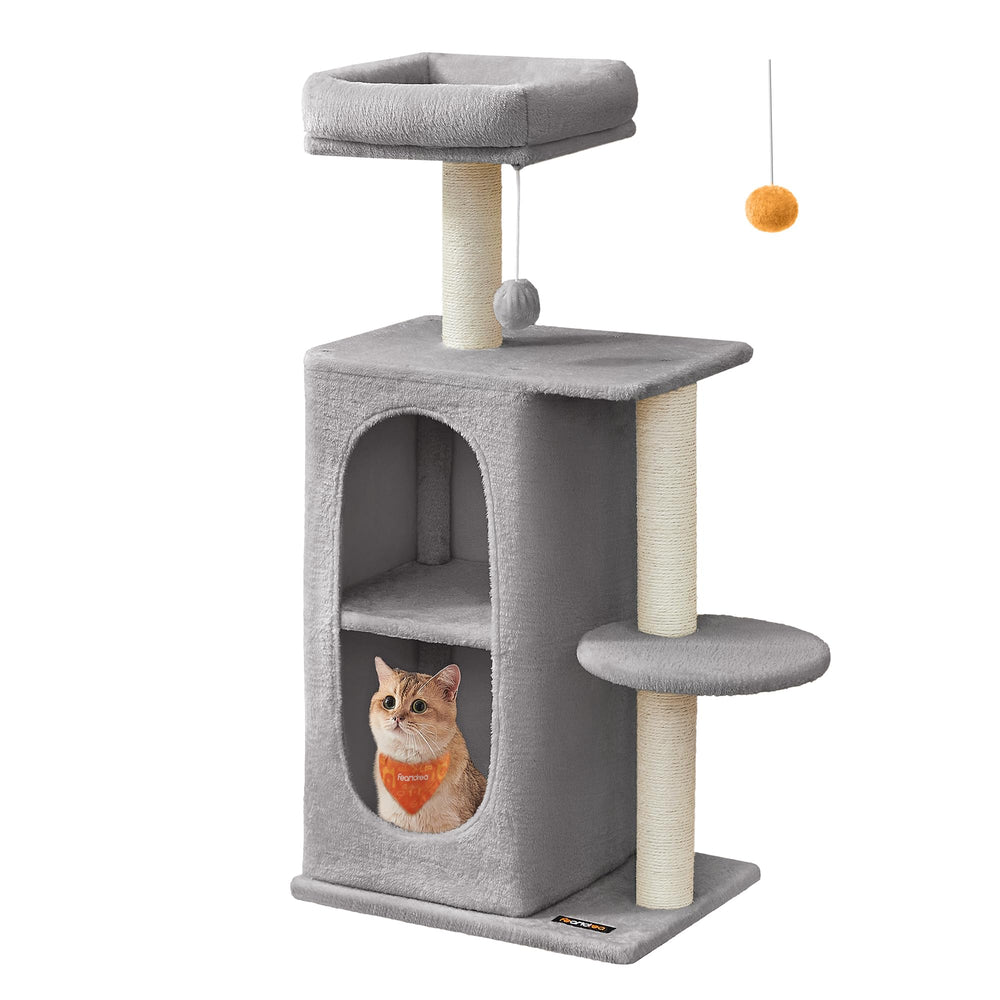 Feandrea Cat Tree 2-Level Condo shown in a compact living space for versatile lounging.
