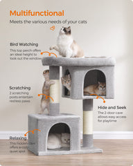 Feandrea cat tree climb-scratch-relax area invites play and scratching.