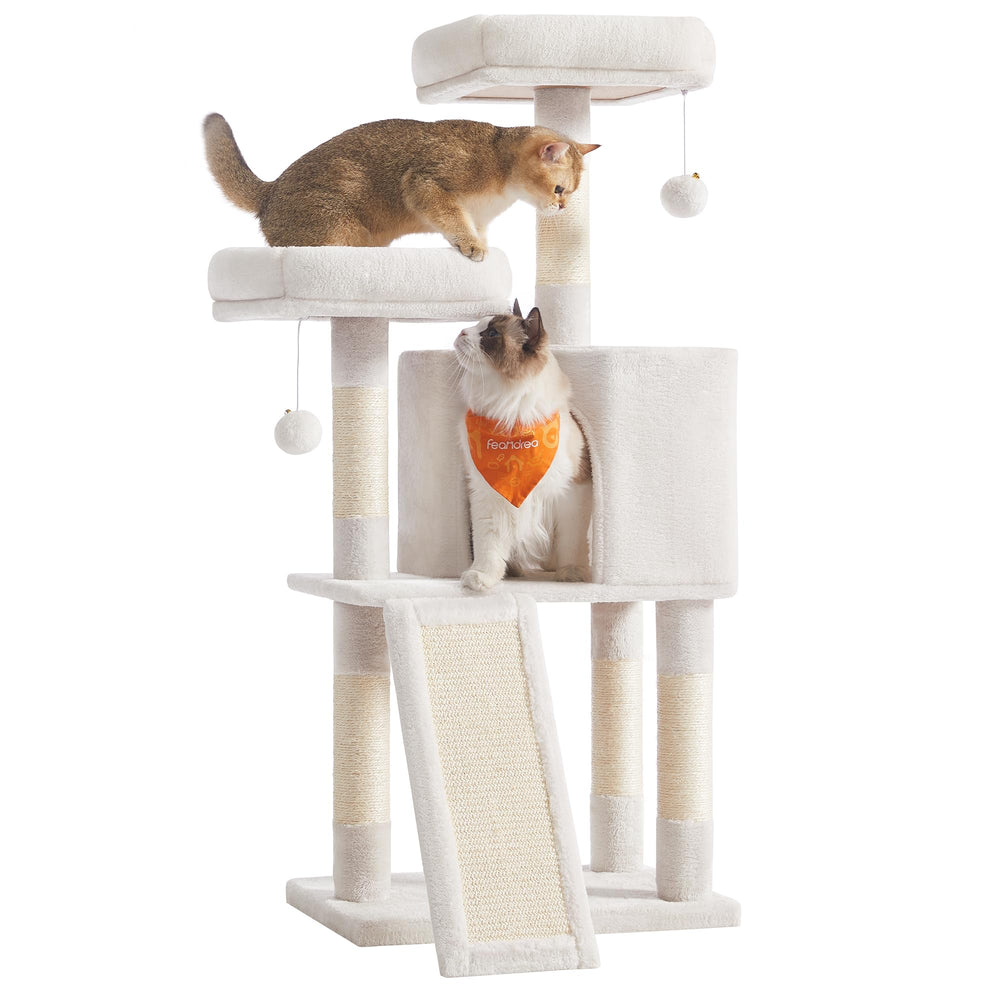 Feandrea Cat Tree top perches with plush padding for cozy naps.