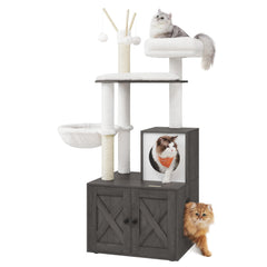 Feandrea cat tree with litter box enclosure front view, space-saving corner solution