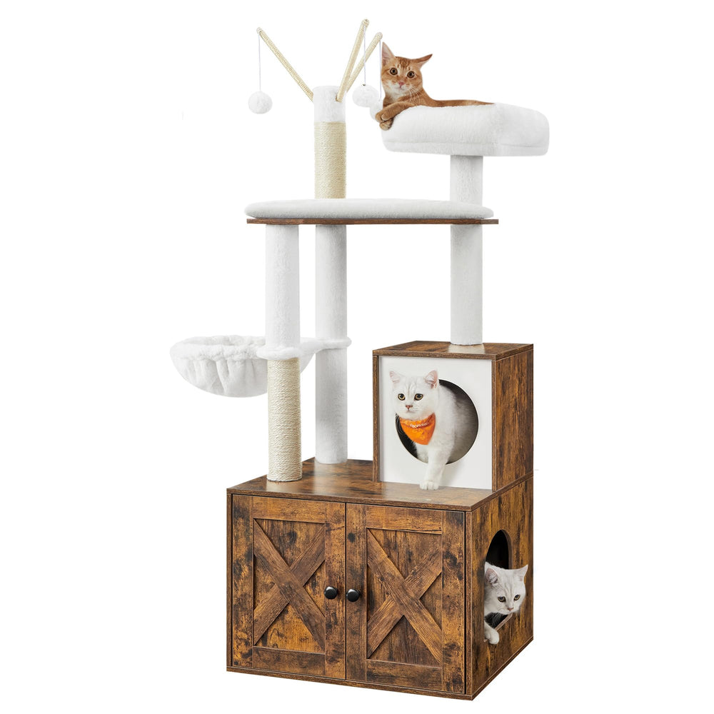 Feandrea cat tree with litter box enclosure keeps mess tucked away in a tidy corner.