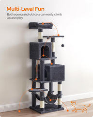 Feandrea cat tree scratching posts encourage healthy scratching and tail flicks.