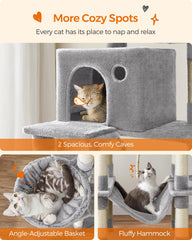 Feandrea cat tree includes two caves for hiding and naps.