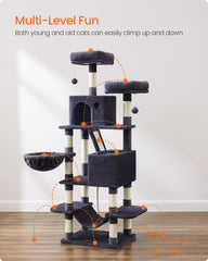 Feandrea cat tree with two perches, two caves, and a hammock for cozy lounging.