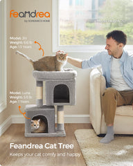 Feandrea cat tree upper two-door cave offers wide view and easy access.