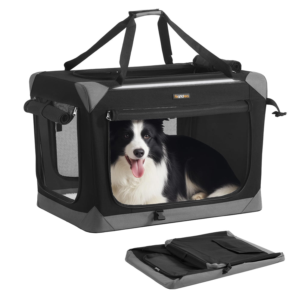 Feandrea collapsible dog crate 30in in ink black with dove gray accents for travel and home.