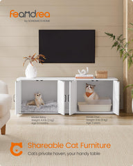 Feandrea enclosure with two cabinets stores litter boxes and beds for two cats.