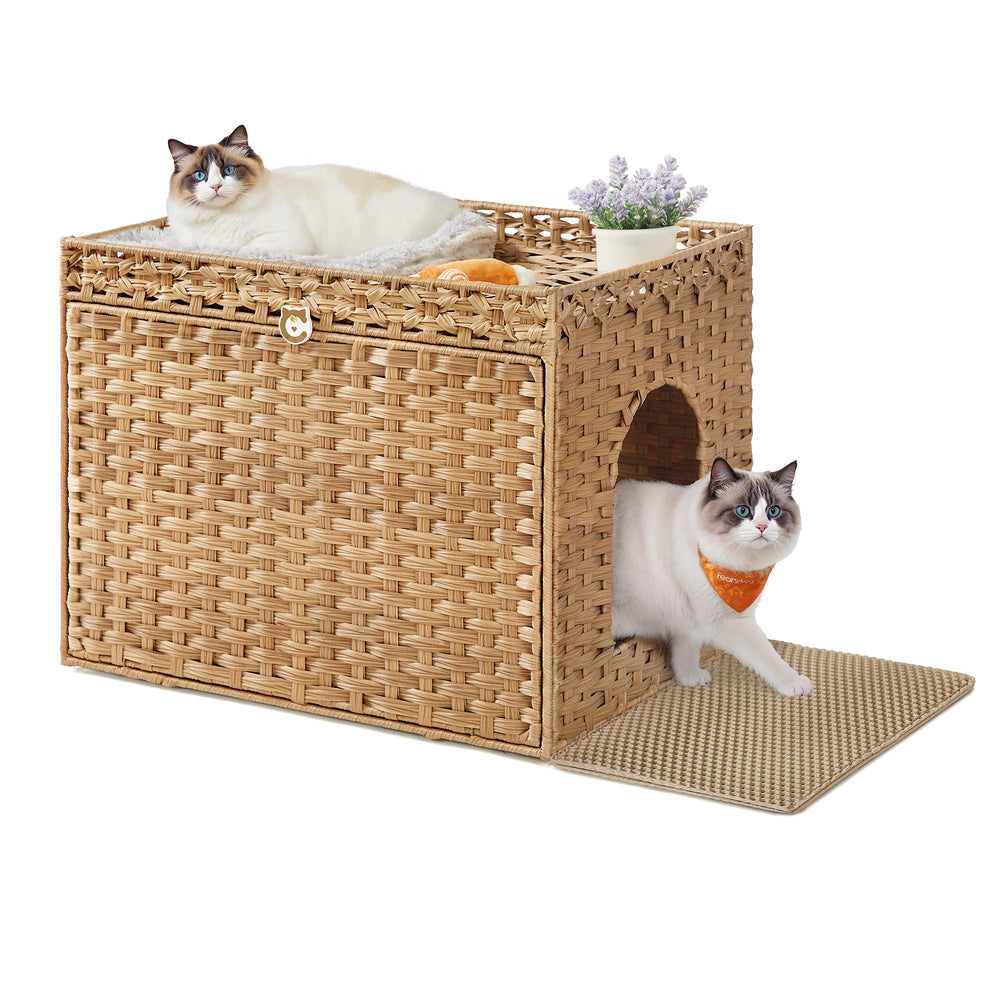 Feandrea goose yellow boho litter box front view, discreet private space.