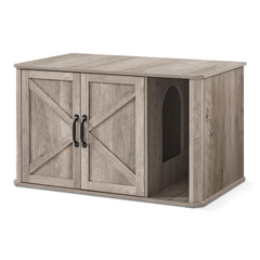 Feandrea litter box enclosure with front entry hides mess and eases access.