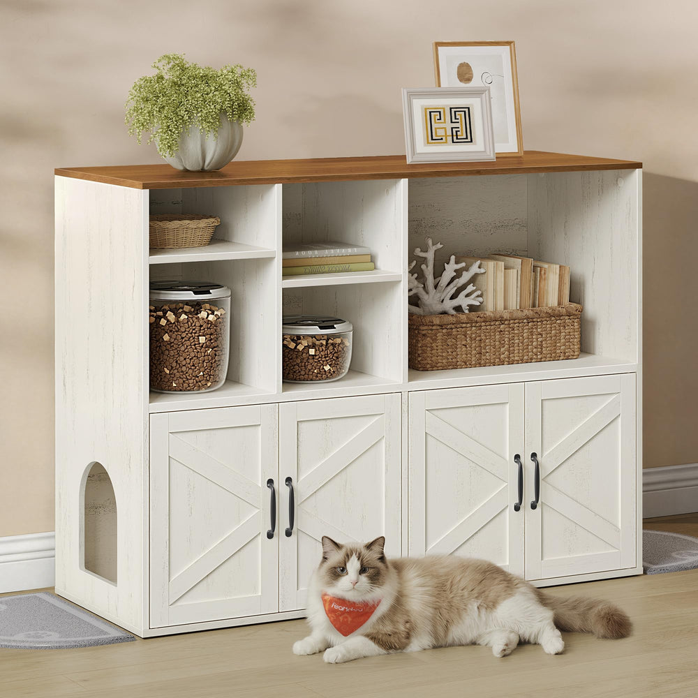 Feandrea litter box enclosure with two rooms providing private space for cats and reducing clutter.