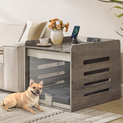 Feandrea modern dog crate furniture with charging station showing built-in outlets for charging multiple devices