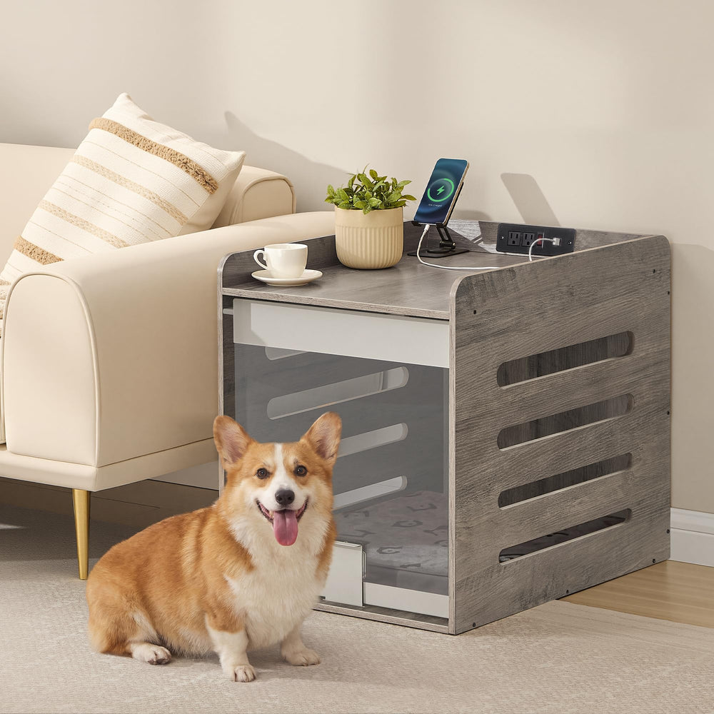 Feandrea modern dog crate table with charging station powering devices