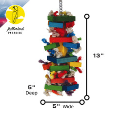Featherland Paradise knots and blocks toy for macaws promotes interactive play.