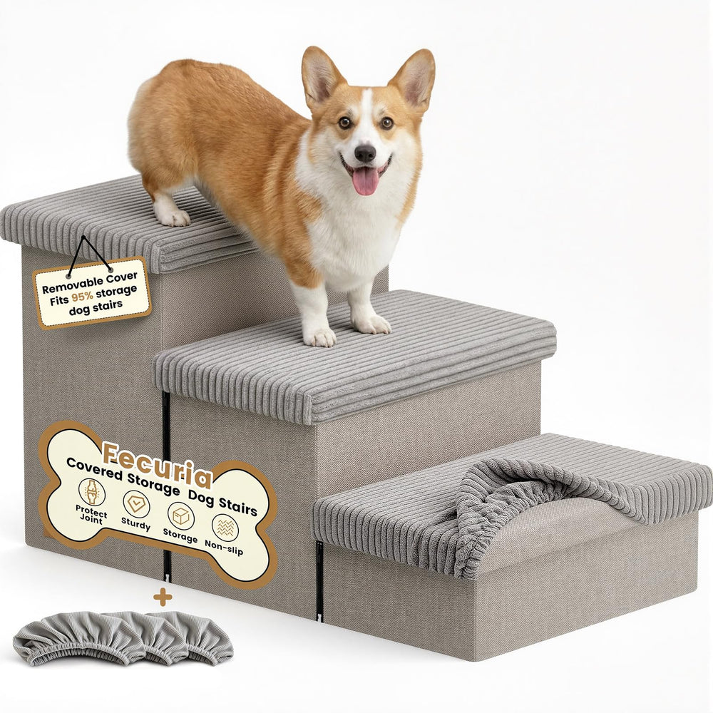 Fecuria 3-Step Wide Dog Stairs with removable cover for easy cleaning and hidden storage.