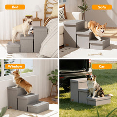 Fecuria stairs with storage bins to keep toys, blankets, and treats organized.