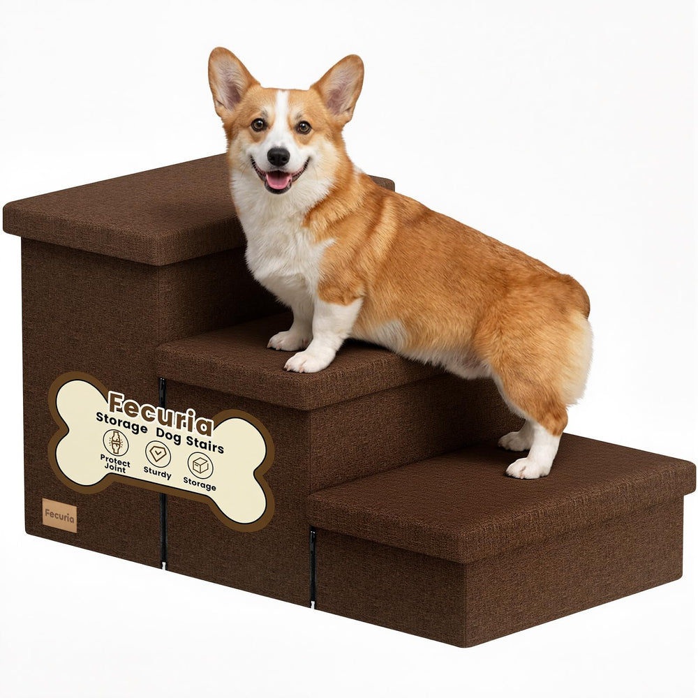 Fecuria 3-step wide dog stairs with storage enable easy bed access for pets.