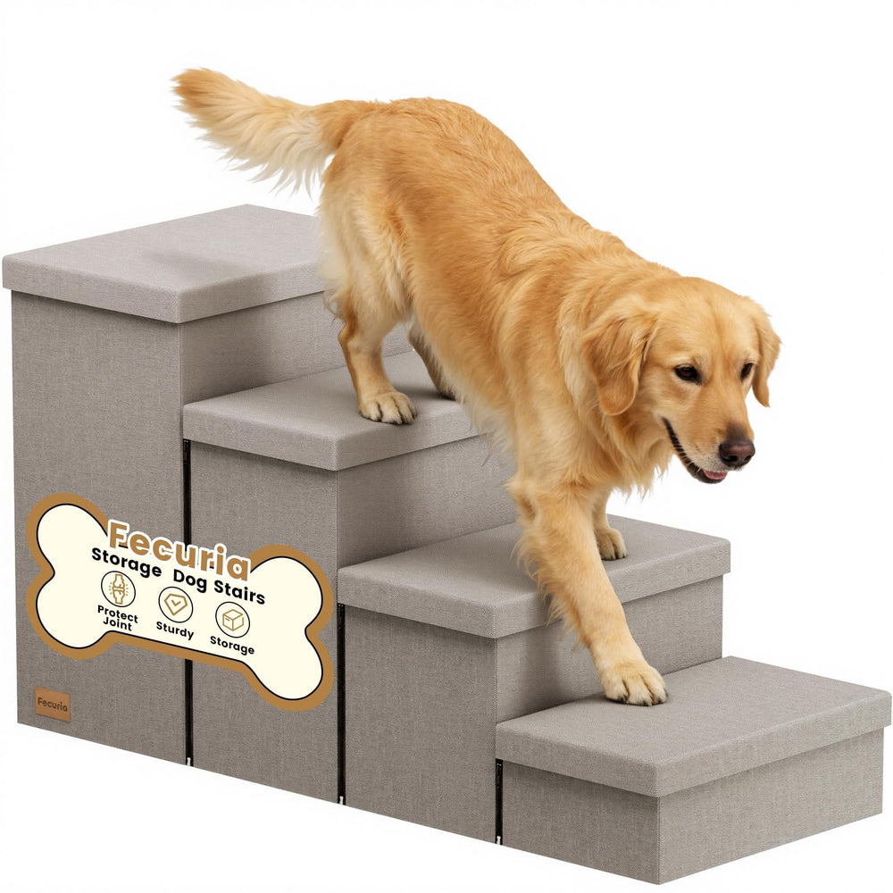 Fecuria 4-step wide stairs with storage cover for organized pet toys and blankets.
