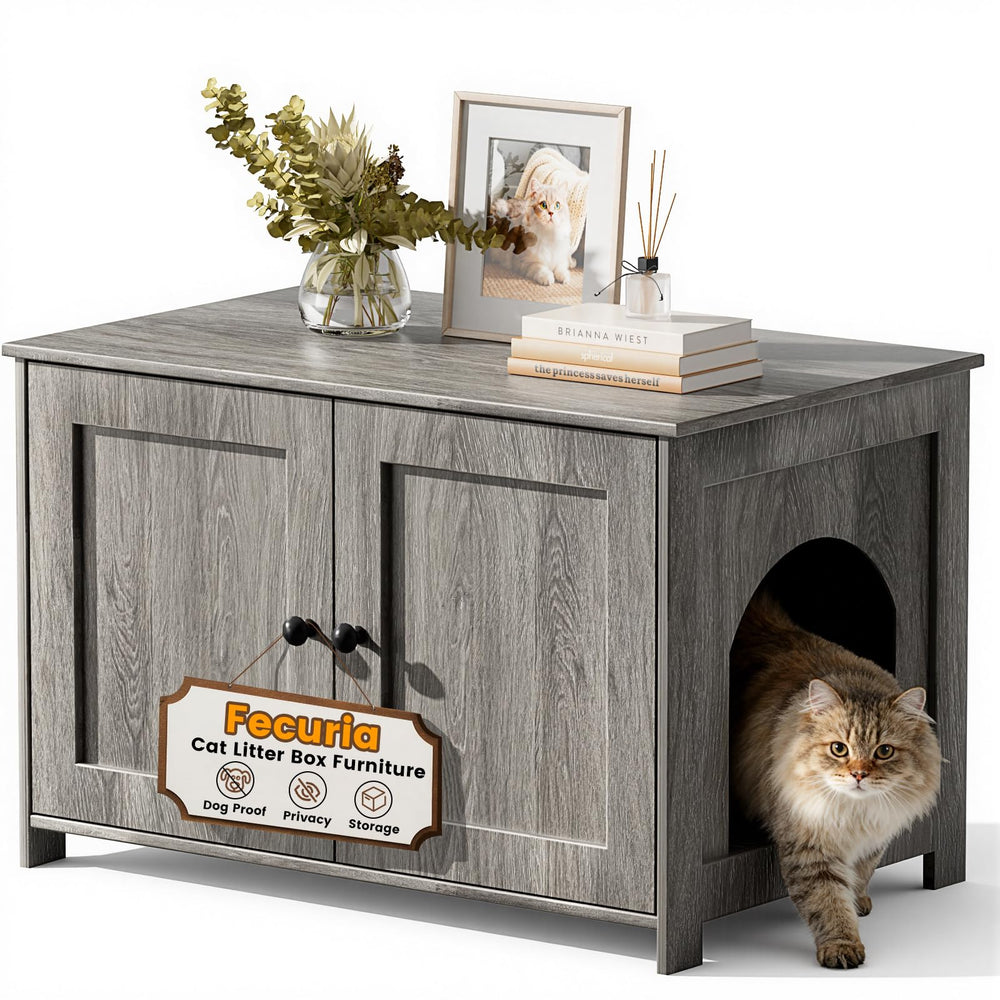 Fecuria cat litter box enclosure front view in oak grey blends with decor while concealing litter
