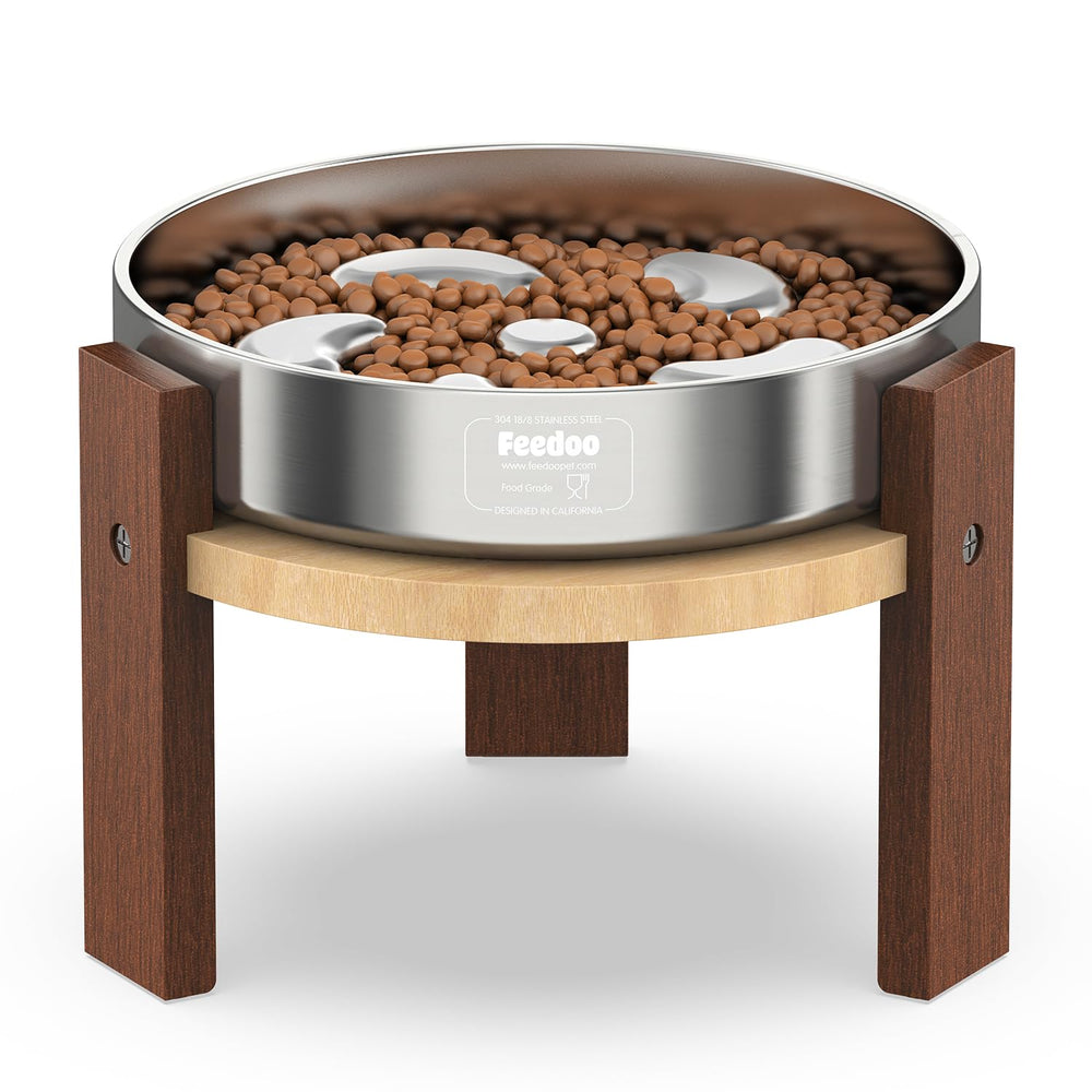 Feedoo elevated dog bowl stand 6in top view showcases sturdy hardwood construction.