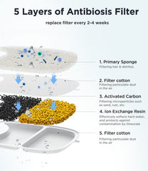 Box contents show ten filters and six pump sponges for ready maintenance.