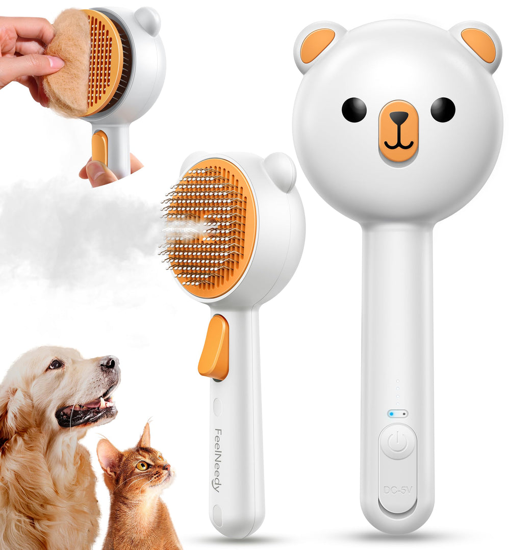 FEELNEEDY Pet Steam Brush front view highlighting compact grooming design.