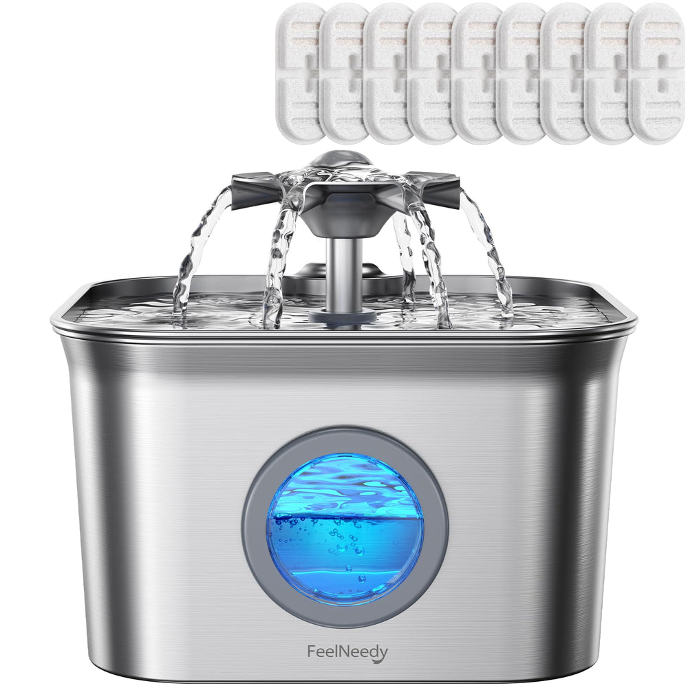 FEELNEEDY stainless steel cat fountain with 2.8L capacity for multiple cats.