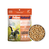 Feline Natural high-protein dry cat food bag shows grain-free formula for lean muscle.