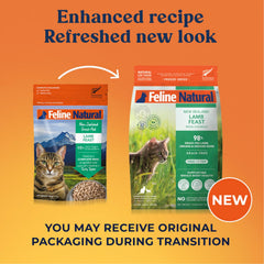 Feline Natural high-protein dry cat food grain-free label highlights no grains in diet.