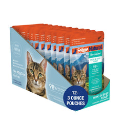 Feline Natural Hoki-Beef Pâté Pouch—protein-rich meal for energetic cats.